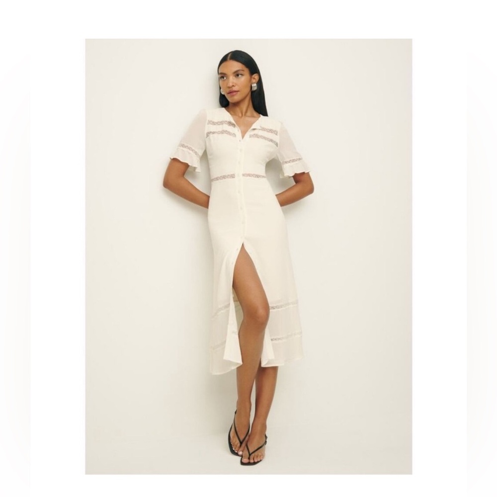 Reformation Woodson Ivory Lace Trim Button Front Short Sleeve Midi Dress Size 10
